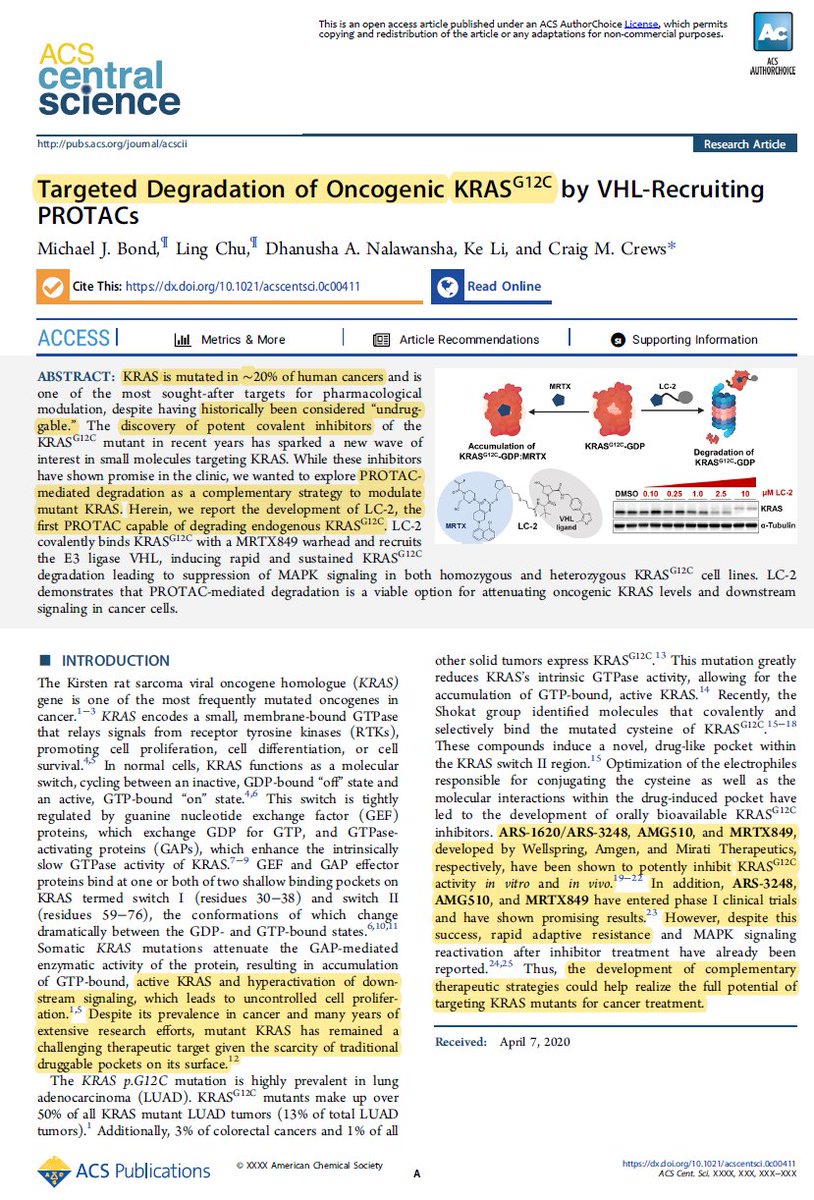 EvanJCarder's tweet photo. Nice work in @ACSCentSci by the @CraigMCrews team toward the development of the first reported #PROTAC to induce endogenous KRAS(G12C) degradation. Continued achievement toward challenging the notion of "undruggable." Check it out! https://t.co/JUHjfqxl0N https://t.co/PlFdeN7sUu