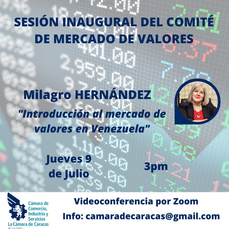 #Hoy, a las 3 pm, será la sesión inaugural del Comité de Mercado de Valores de la <a href="/CamaradeCaracas/">Cámara de Caracas</a>, con la participación de la Consultora Jurídica de la Bolsa de Valores de Caracas, Milagro Hernández. Llena el form  docs.google.com/forms/d/e/1FAI… #BVC