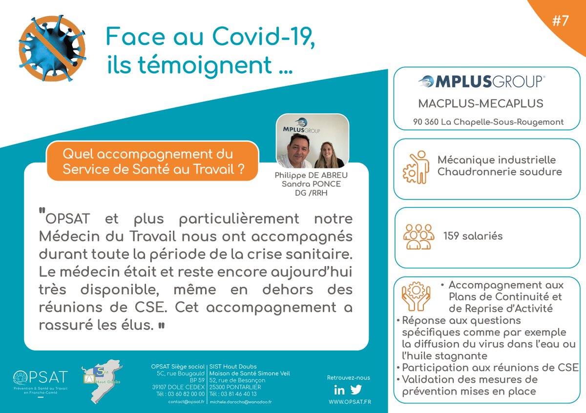 #Face_au_COVID19_ils_témoignent
#7 En faire plus selon MACPLUS :
✔️ La coopération comme source principale d'énergie
▶️ Le #MédecinDuTravail et son équipe comme partenaires de l'entreprise
👏 pour ces actions résolument ancrées dans le dialogue social👍

🔜La suite de notre série