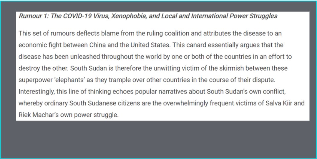  #SouthSudan Research by  @LSE_CCS  #CRP finds a lack of trust in govt messaging is fuelling alternatives & rumours. Rumours are also used by the government to retool violent and kleptocratic governance practices and are a new dimension of the 'political marketplace'. ...4/10