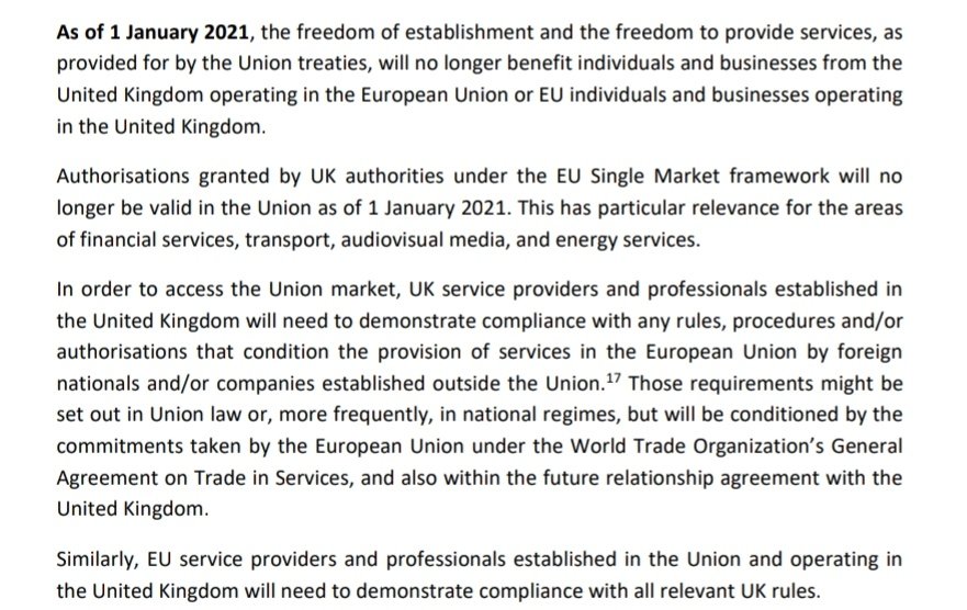 5/ Services: in general, the free movement of services ends. UK exports to the EU will have to comply with the requirements of national or EU law. EU exports to the UK will have to comply with UK law.