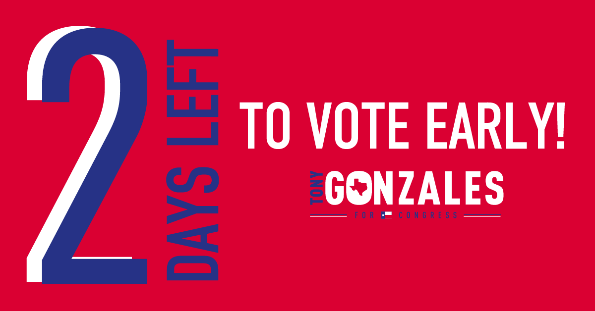 TonyGonzales4TX's tweet photo. You have 2 more days to beat the lines & vote early! Tony Gonzales is the only candidate in this race endorsed by President Trump. Help send a Republican fighter to Congress & keep Texas RED! VOTE #TonyForCongress #TX23
Find your voting location here ⬇️
https://t.co/DR5L7naC1B https://t.co/LvpNM7VuVJ