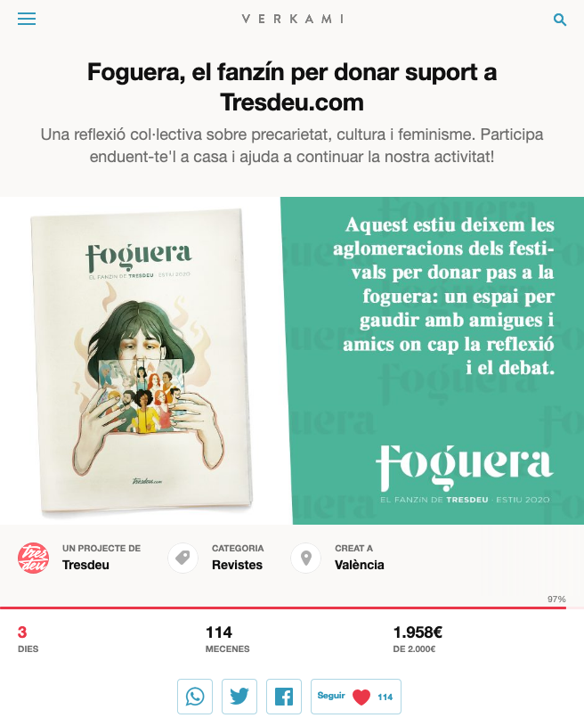 revistatresdeu's tweet photo. ÚLTIMA HORA! 👀

- Queden només 3 dies i ja tenim el 97% aconseguit.
- Som ja 114 mecenes, moltes gràcies!
- 42€ més i haurem complit l'objectiu mínim indispensable.

Fes-te amb la recompensa EXCLUSIVA de #Foguera amb il·lustració d'@Ama1iaT, queden 4! https://t.co/xb6UIqZsSo https://t.co/2hsIzY1veU