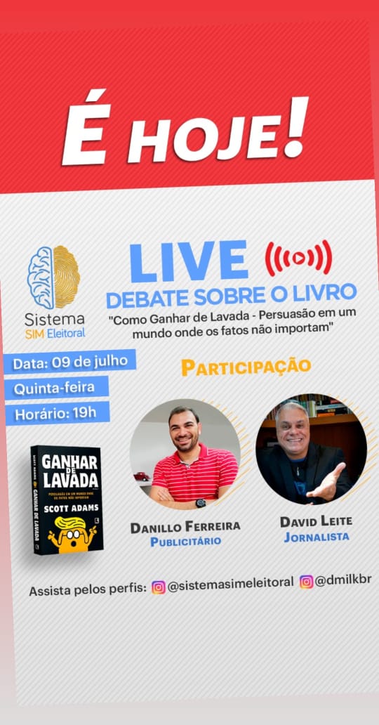 DavidLeite_SE's tweet photo. ✓
HOJE TEM DEBATE
Você é nosso convidado, meu e do marqueteiro Danillo Ferreira para o Debate Sobre o Livro Ganhar de Lavada -- Persuasão em mundo onde os fatos não importam. Estejam conosco a partir das 19h no Instagram. E não esqueçam: vencer numa eleição exige conhecimento! https://t.co/B91h1UFqKH