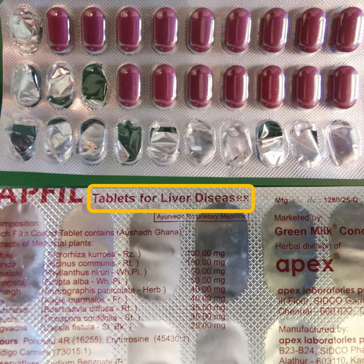 3/nLets look at medicines.  #tablet APFIL. Packet mentions ‘for liver  #diseases’. Which liver disease? There is  #alcohol related,  #hepatitis B/C,  #NAFLD, primary biliary  #cholangitis and more causes. Nine  #herbs extract combo - clinical  #evidence on safety and benefit 