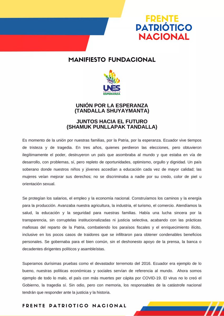 FPNEcuador's tweet photo. #Union | Compartimos el manifiesto oficial firmado en el evento de @UNESECUADOR (UNES) conformado por varias organizaciones políticas como el @cendemocratico, @CompromisoRC5, @FPNEcuador, @EcuadorFei  @FuerzaRuralEc, @CPorLaPatriaEc, @ForoNacMujeres y @sur_gente. @MashiRafael https://t.co/0az7DzRkvV