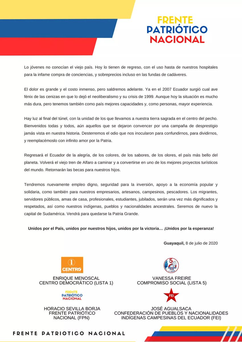 FPNEcuador's tweet photo. #Union | Compartimos el manifiesto oficial firmado en el evento de @UNESECUADOR (UNES) conformado por varias organizaciones políticas como el @cendemocratico, @CompromisoRC5, @FPNEcuador, @EcuadorFei  @FuerzaRuralEc, @CPorLaPatriaEc, @ForoNacMujeres y @sur_gente. @MashiRafael https://t.co/0az7DzRkvV
