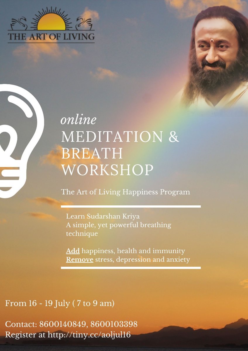 satish2ahuja's tweet photo. Ready to de-stress,
build up resilience
and calm your mind?
 
Join an upcoming Art of Living Meditation and Breath Workshop from 16th to 19th July (7 to 9 am).

Enrol at https://t.co/JAFkoj84fN https://t.co/KYqqFRolRO