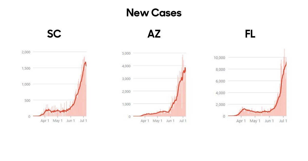 It’s a bad situation - but the larger point is that it could easily become worse.We know this just from looking around.South Carolina is at a 20% positive rate.Arizona is at 25%.Florida is at 19%.That's why their new case charts look like this: