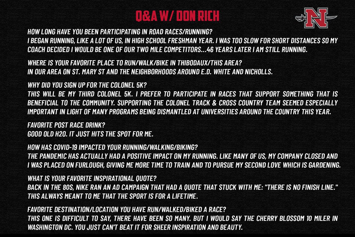 Nicholls_XCTF's tweet photo. Just TWO DAYS LEFT to sign up for the Colonel 5k Virtual, set to officially kick off this coming Monday! Don Rich will be joining us on the course this year...take a look at his Q&A right here:
Register: https://t.co/2lI1VzCEJ1
#GeauxColonels #NextLevel https://t.co/MkG0MorfgL