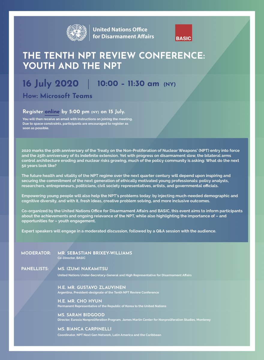 As part of our programme of work designed to support next generation involvement with the NPT, BASIC is co-hosting a virtual event with <a href="/UN_Disarmament/">UN Office for Disarmament Affairs</a> on 16 July at 1500 BST. Register here: docs.google.com/forms/d/e/1FAI…