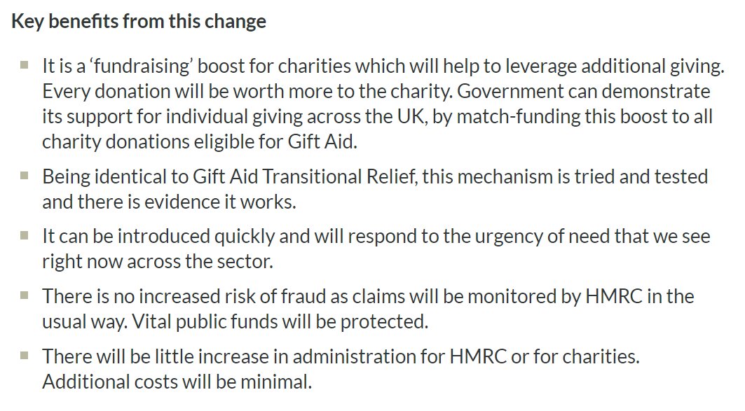 Importantly, there is precedent for HMRC changing the value  #GiftAid is paid at with the Gift Aid Transitional Relief scheme in 2008 - we know that the mechanism works and the proposal can be implemented simply and have a number of important benefits 7/  https://webarchive.nationalarchives.gov.uk/20101011184345/http://www.hmrc.gov.uk///charities/transitional-relief.htm