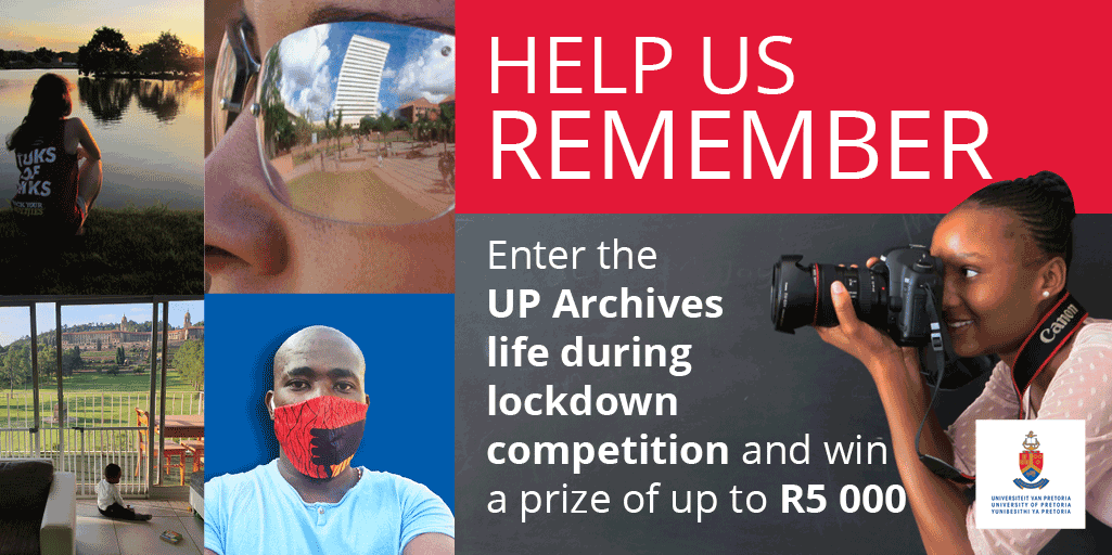 UPTuks's tweet photo. HELP US REMEMBER – AND WIN: Calling all UP staff and students: Enter the UP Archives “life during lockdown” photo competition and stand to win up to R5000. Submit your entry/ies by emailing it to archives@up.ac.za. https://t.co/dIXqk0ohw9