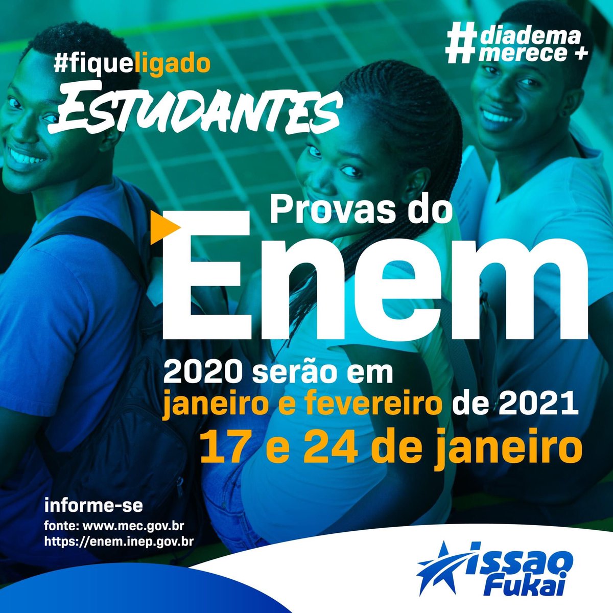 issaofukai's tweet photo. ESTUDANTES:  
Provas do Enem 2020 serão em janeiro e fevereiro de 2021.
Exame será em 17 e 24 de janeiro para os 5,7 milhões de inscritos que escolheram a prova impressa. Outros 96 mil farão a prova digital em 31 de janeiro e 7 de fevereiro
#diadema #diademasp https://t.co/3pgbWZCMcZ