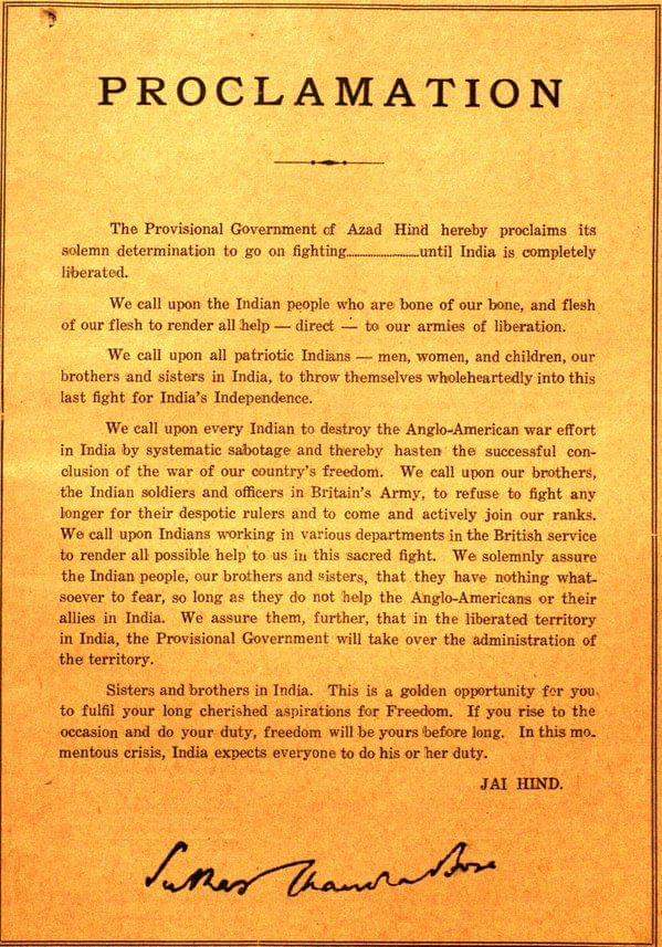 On 21 October 1943 this Proclamation was Declared.In Singapore, over 50, 000 volunteered to fight for India's FREEDOM or Independence against the Allies. // ((  @Sheshapatangi  @MadhukumarVP1 ))