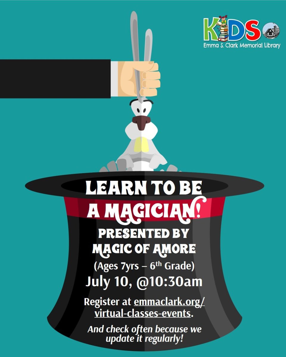 Escml's tweet image. Tomorrow's online class for kids is a #MagicWorkshop w/ @MagicofAmore! It will be interactive, entertaining, &amp;amp; informative!
7/10 at 10:30am. For ages 7 years - 6th grade.
Register at emmaclark.org/virtual-classe….
#EmmaKids #Magic ##VirtualLearning #OnlineLearning