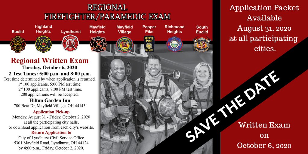 Important Announcement....Eastern Cuyahoga County Regional Firefighter/paramedic Entrance Exam will be held on October 6, 2020.  Visit mayfieldheights.org/250/Civil-Serv… for additional information.