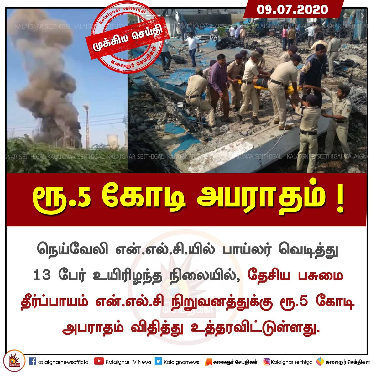 Kalaignarnews's tweet image. #BREAKING நெய்வேலி என்.எல்.சி.யில் பாய்லர் வெடித்து 13 பேர் உயிரிழந்த நிலையில், தேசிய பசுமை தீர்ப்பாயம் என்.எல்.சி நிறுவனத்துக்கு ரூ.5 கோடி அபராதம் விதித்து உத்தரவிட்டுள்ளது.

#NLC #BoilerExplosion #NationalGreenTribunal