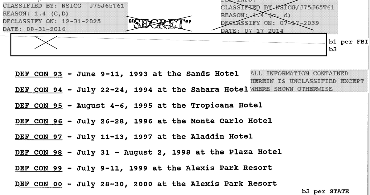 In case anyone needs it,  @FBI has provided an authoritative list of all of the dates and locations for each year of  @defcon since 1993