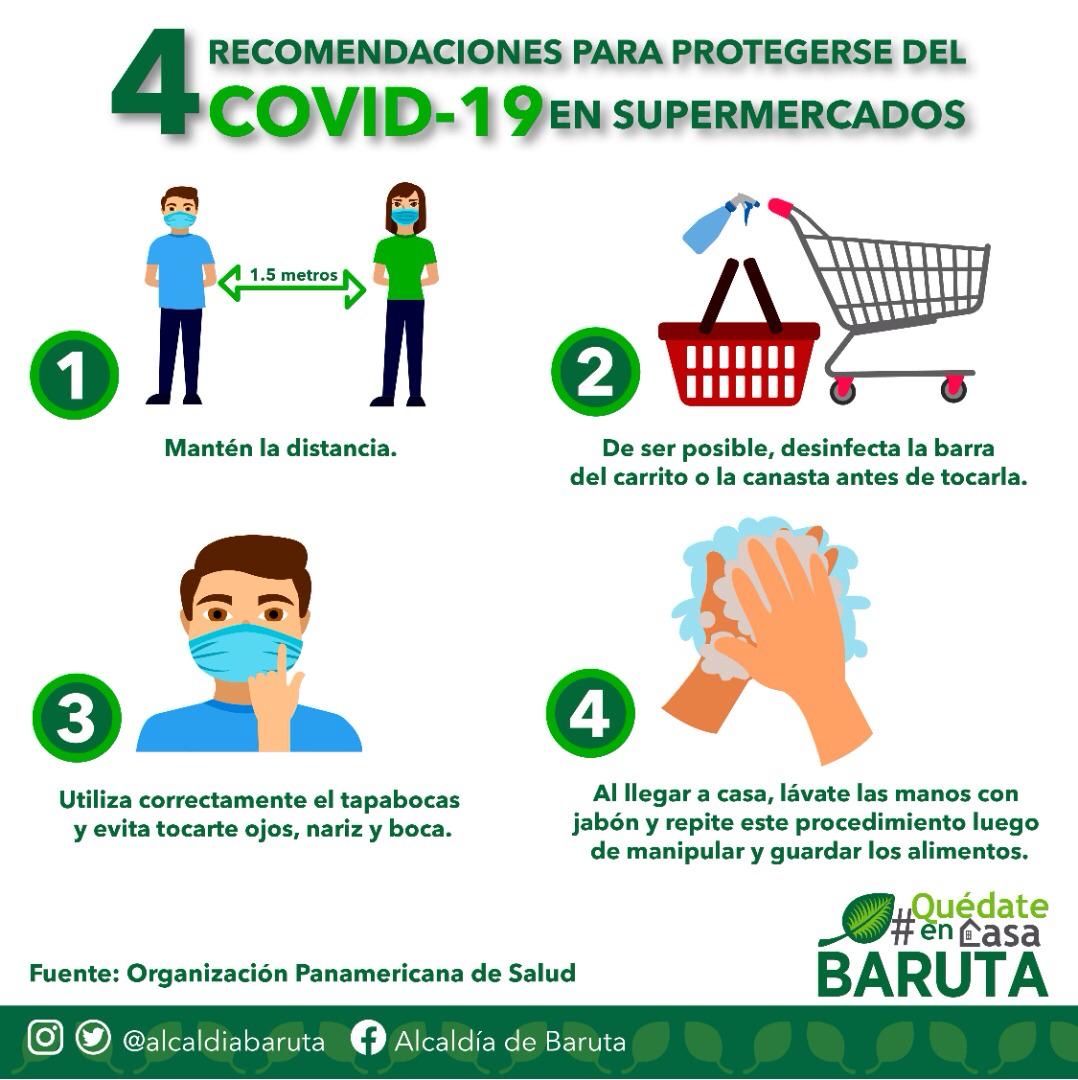4 RECOMENDACIONES PARA PROTEGERSE DEL #Coronavirus EN EL SUPERMERCADO👇🏼

☑︎ Mantener la distancia🧍🏻‍♀️🔛🧍🏻
☑︎ Desinfectar la barra del carrito 🛒
☑︎ Obligatorio el tapabocas 😷
☑︎ Lávate las manos al llegar a casa 🧼

Cumple las normas y #QuedateEnCasa