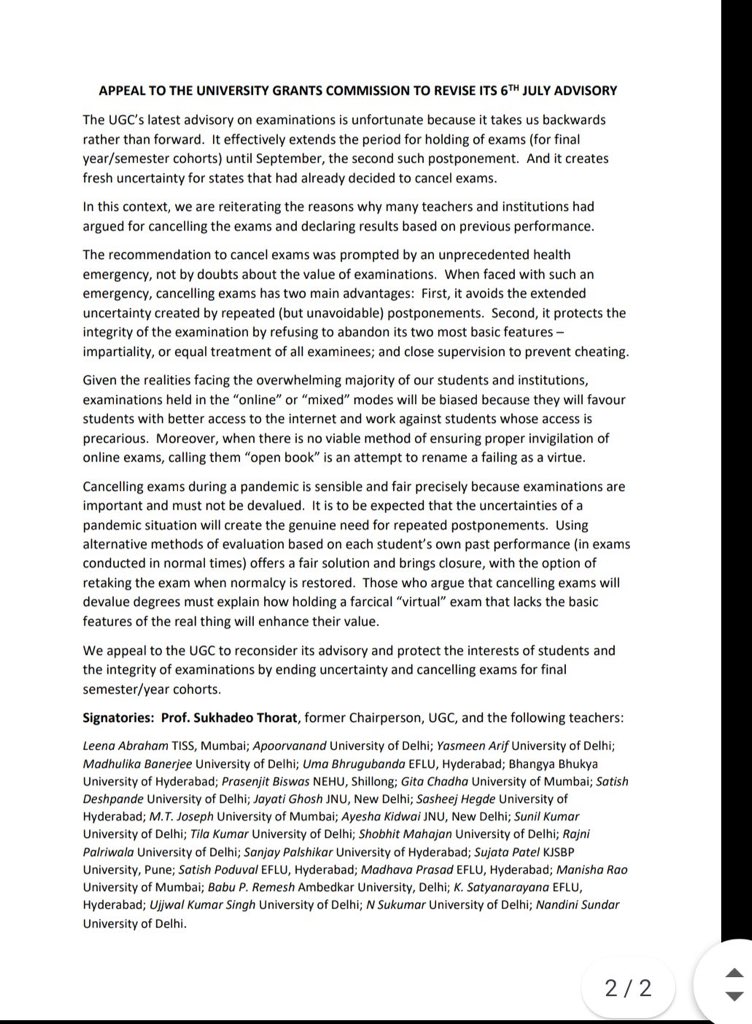 FinalStudents's tweet photo. Former UGC Chairman Prof Sukhadeo Thorat & senior academics from across country have appealed to the @ugc_india to cancel final year exams. Read FULL letter.#cancelfinalyearexams @DrRPNishank @narendramodi @AmitShah @AICTE_INDIA @samant_uday @OfficeofUT @prajaktdada @masu4justice https://t.co/GzSir4vnfz