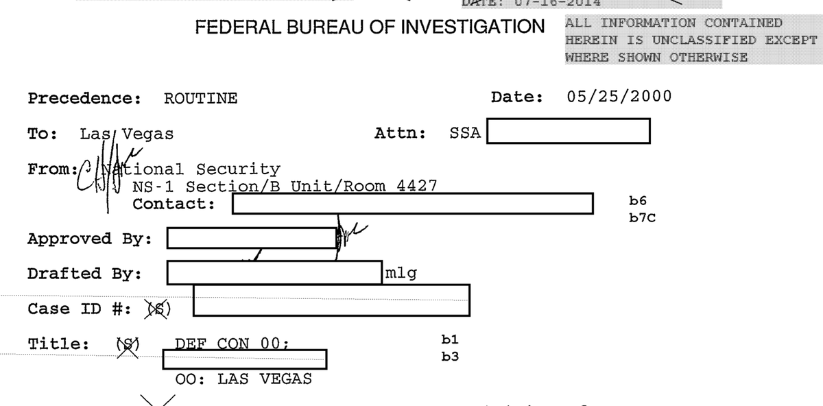 Kind of weird that  @fbi had been aware of  @defcon since its inception, but only had a routine report like this on DEFCON 00. I wonder what that's all about.