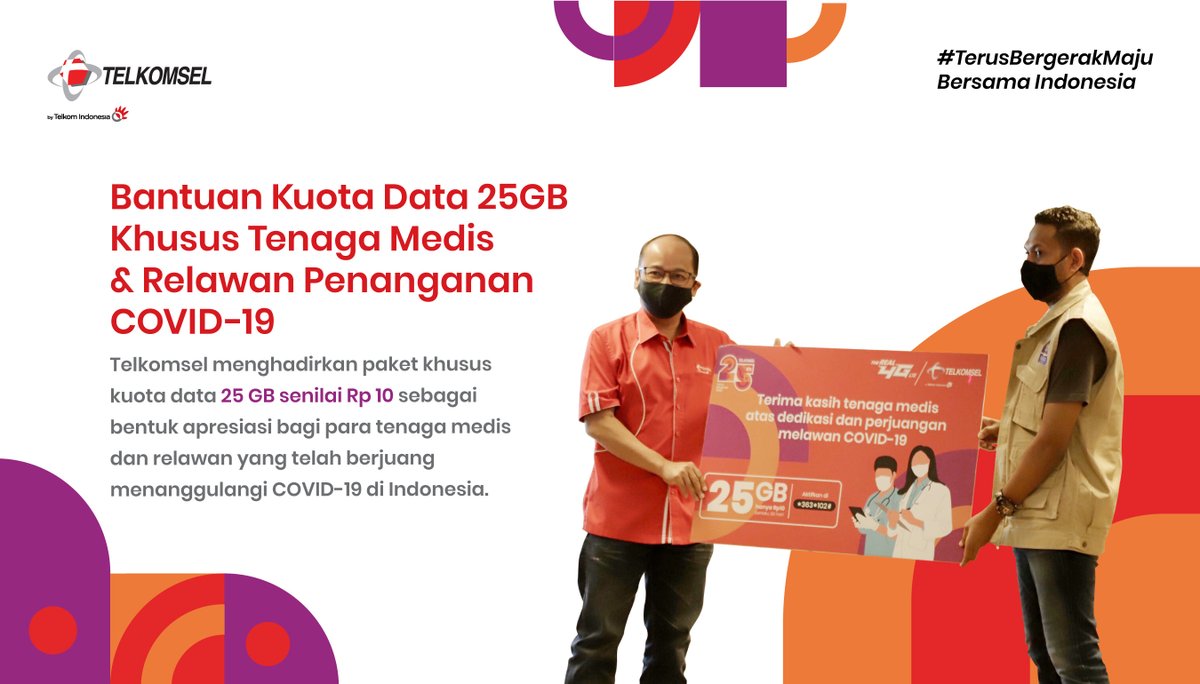 Telkomsel's tweet photo. Hari ini, Telkomsel secara simbolis menyerahkan bantuan paket data sebesar 25GB senilai Rp10 sebagai wujud apresiasi kepada relawan dan tenaga medis yang telah menangani pandemi COVID-19. Selengkapnya https://t.co/gadkoNciQN. https://t.co/WYjaaamK1s