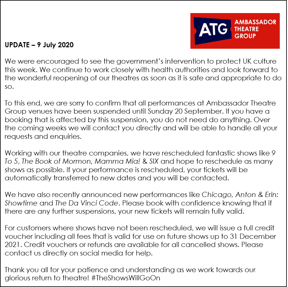 Update from Ambassador Theatre Group, 9 July 2020.
To find out more please visit: bit.ly/2BSigZ9