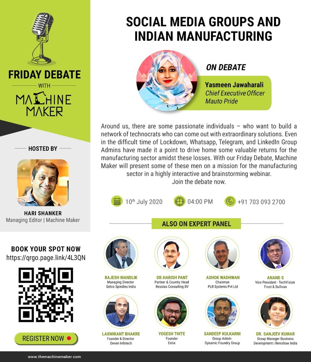 themachinemaker's tweet photo. #FridayDebate on ‘Social Media Groups &amp; Indian Manufacturing’. On July 10th, 4 PM onwards.

Yasmeen Jawaharali, chief executive officer of Mauto Pride speaks at the webinar

Click here to join the webinar: https://t.co/CHKvPmpC17

 #webinar #onlinediscussion #socialmediagroups https://t.co/jGJZMWQ42O