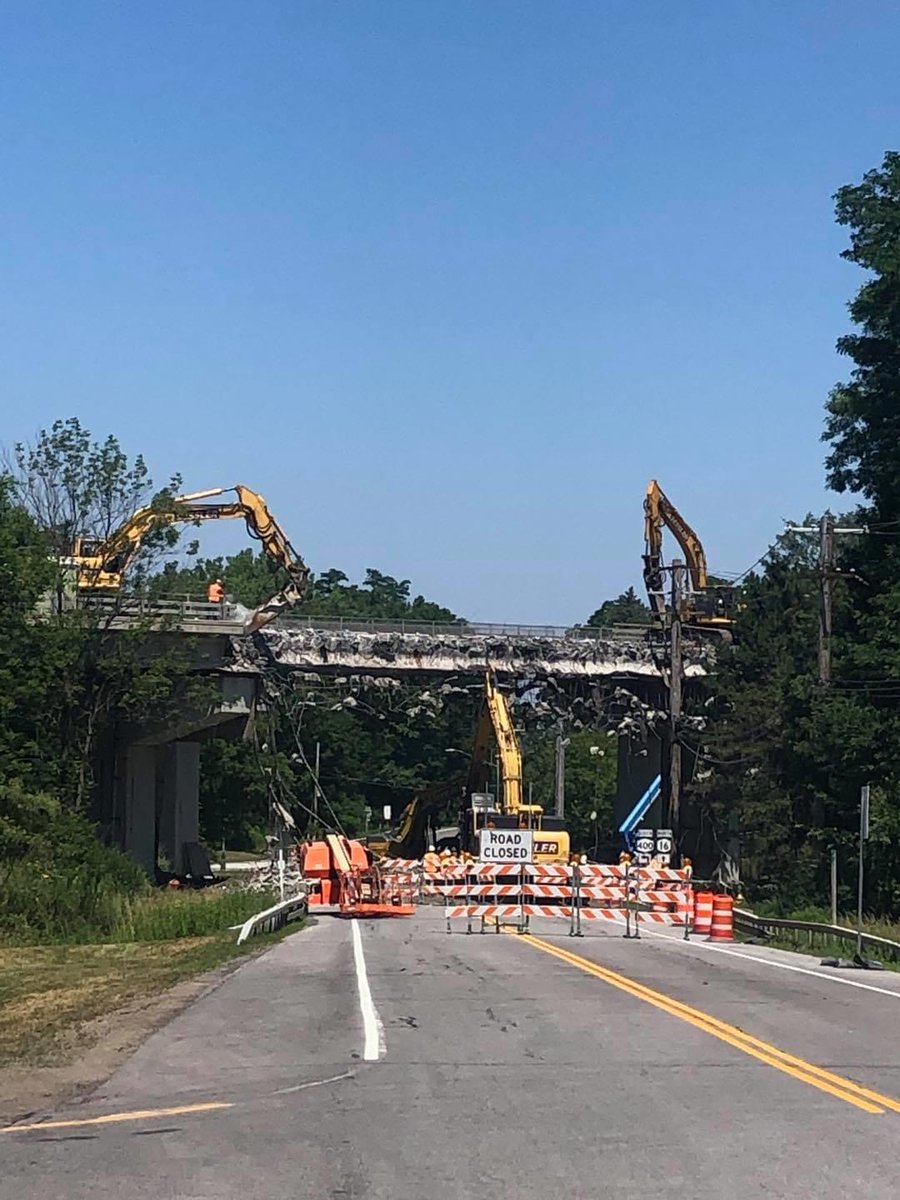NYSDOTBuffalo's tweet photo. Demolition of the Route 400 bridges over Route 16 in the town of Aurora to facilitate the partial replacement of the bridge superstructures https://t.co/8VwkPEdCC5