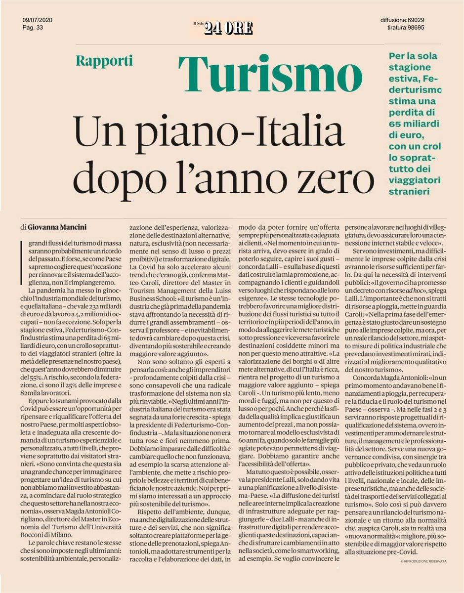 Un piano-Italia dopo l'anno zero | Su Il Sole 24 ORE di oggi l'articolo di Giovanna Mancini 

Per la sola stagione estiva, #Federturismo stima una perdita di 65 miliardi di euro, con un crollo soprattutto dei viaggiatori  stranieri