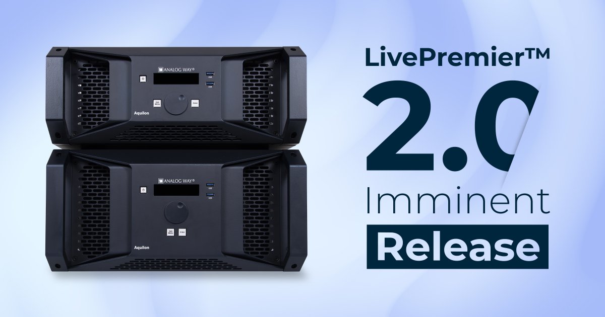 Analog_Way's tweet photo. The much awaited LivePremier™ V2 software release will be available for download second half of July.

We are thrilled to release this major version with dozens of new features and major enhancements.

#LivePremier #Aquilon https://t.co/KMC6Ang9vD