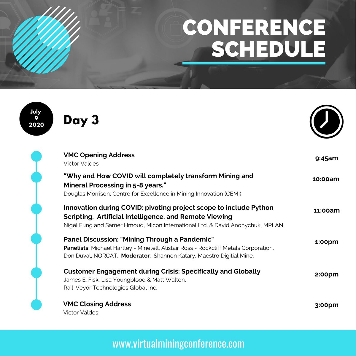 virtualminingc's tweet photo. Welcome to Day 3, our final day!

We have an exciting line up of speakers scheduled for today:

@CEMI_Mining
Micon International Limited
M.Plan International
@RailVeyor 
@Mintell
@RockcliffMetals Metals
@NORCAT
@maestro_mine

Purchase your ticket here: https://t.co/V7yHMwCGQ3 https://t.co/AIcCR4g84h