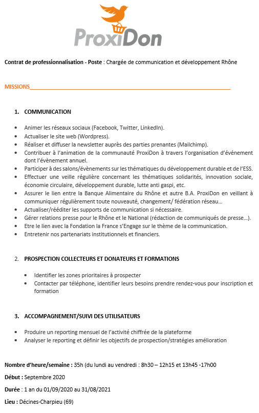 Proxidon's tweet photo. #ProxiDonrecrute

❗️ Contrat d'alternance chargée de communication &amp; développement Rhône
➡️1 an à partir du 1er septembre 2020
📍 Le poste est basé à Décines-Charpieu (69)
📧 Envoi ton CV et lettre de motivation à ba690.proxidon@banquealimentaire.org https://t.co/7s0Z2S5tfX