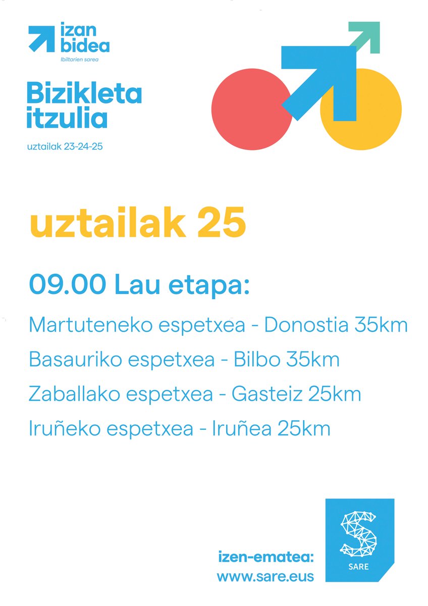 sare_herritarra's tweet photo. Oraindik ez duzu izena eman #IzanBidea bizikleta itzulian? Zeren zai zaude? 

Uztailak 23, 24 eta 25ean hiru etapa antolatu ditugu  Lekunberritik Hernanira
Urduñatik Durangora
EHko lau espetxeetatik hiriburuetara. 

Egin klik https://t.co/SMMsoNi3Ro eta izena eman! https://t.co/NcgP8R8cL1