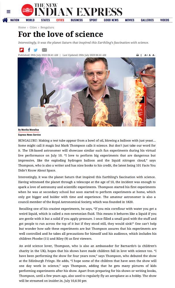 BlankSlateEnt's tweet photo. Read about @SpecSciShow  on @NewIndianXpress!

Don’t miss Mark Thompson’s Spectacular Science Show, streaming in India at 6:30 pm on 10th July!

Tickets on @paytminsider at https://t.co/7htKnmyVaw https://t.co/PbAepMaJj4