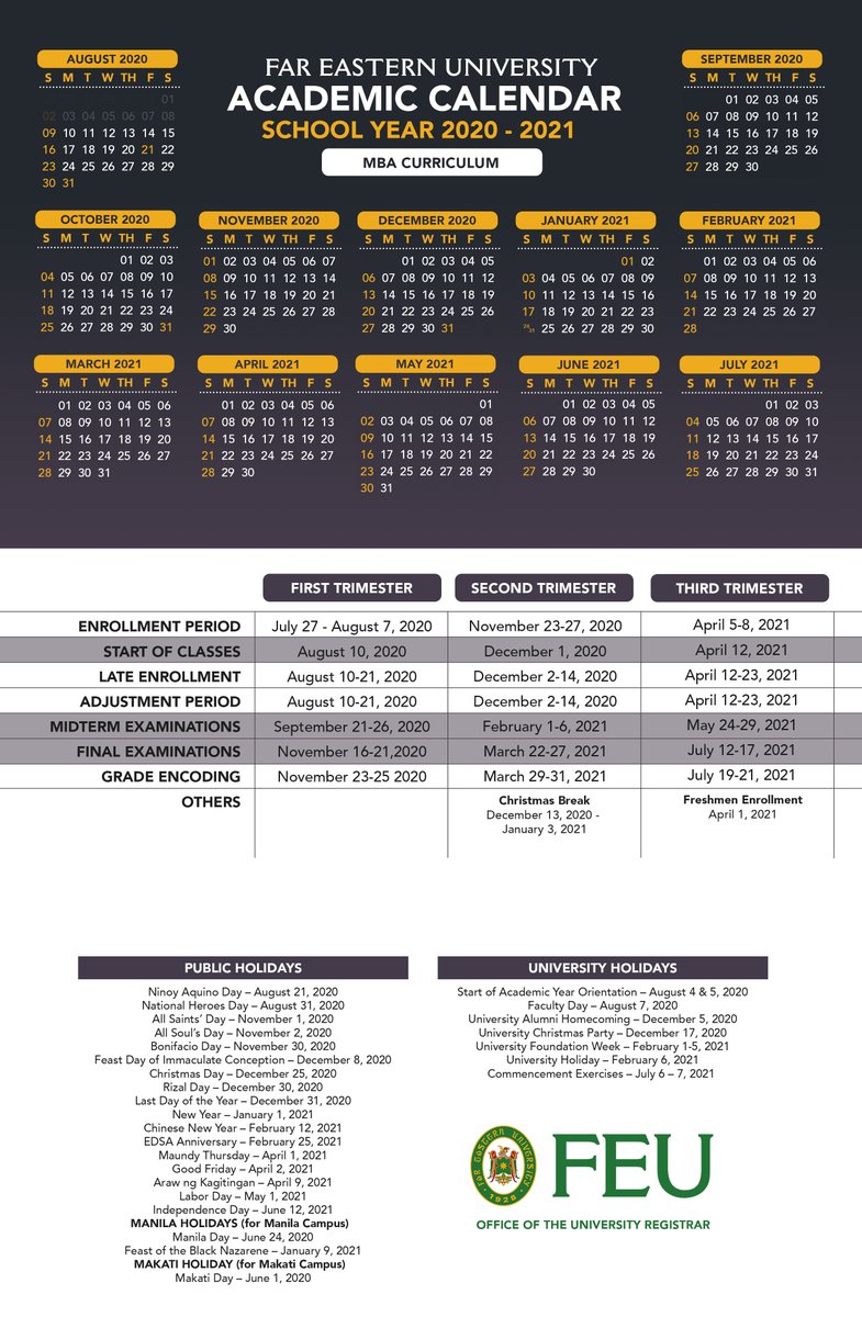 FarEasternU's tweet photo. #TamsTakeNote of the approved calendars for School Year 2020 - 2021, as released by the Office of the University Registrar. 

Thank you and stay safe! https://t.co/8d1TQ5dXCc