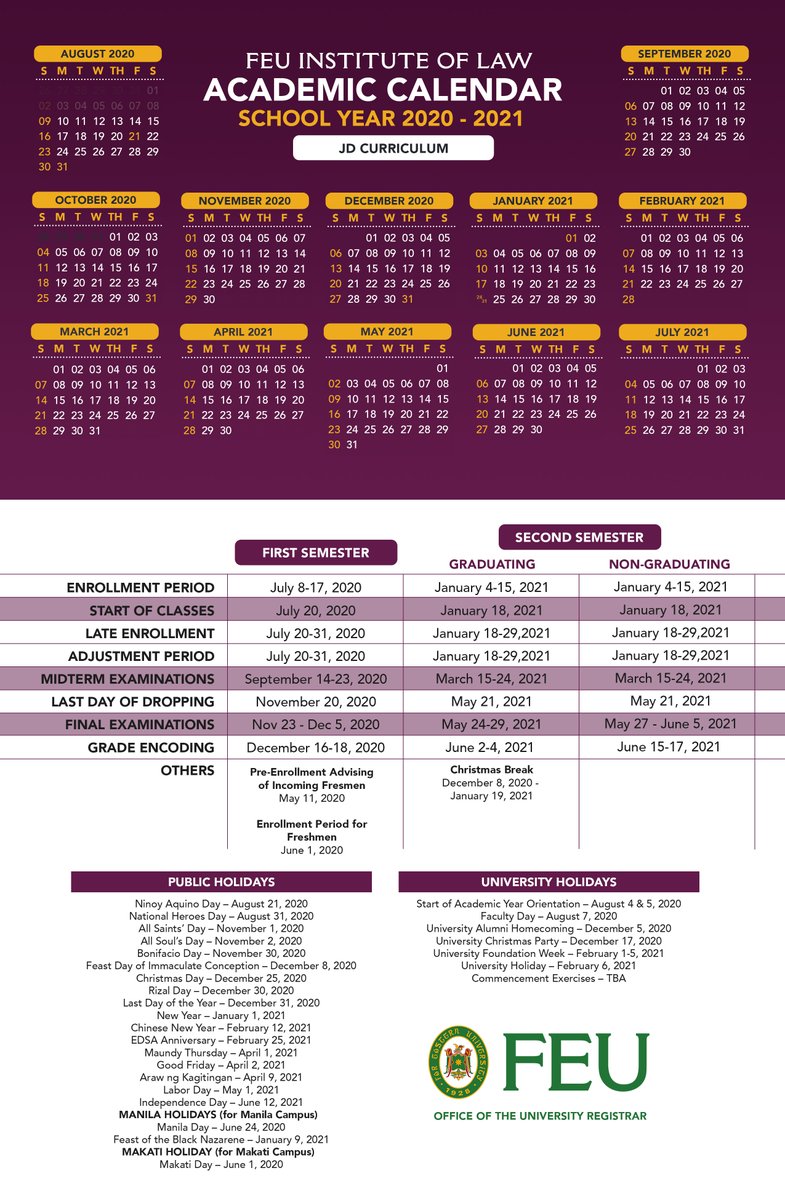 FarEasternU's tweet photo. #TamsTakeNote of the approved calendars for School Year 2020 - 2021, as released by the Office of the University Registrar. 

Thank you and stay safe! https://t.co/8d1TQ5dXCc