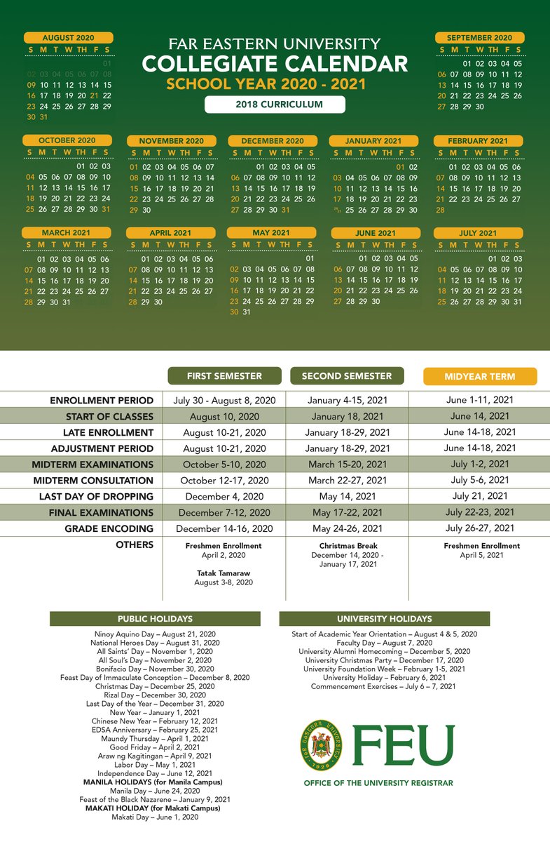 FarEasternU's tweet photo. #TamsTakeNote of the approved calendars for School Year 2020 - 2021, as released by the Office of the University Registrar. 

Thank you and stay safe! https://t.co/8d1TQ5dXCc