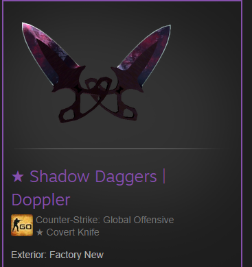 Hey guys i've decided to giveaway 

★ SHADOW DAGGERS | DOPPLER (FN) Phase 2
I already have the knife skins i want, so instead of collecting dust in my inventory i've decided to give them a new home.

Follow + RT to enter (drawing winner at 21 July)