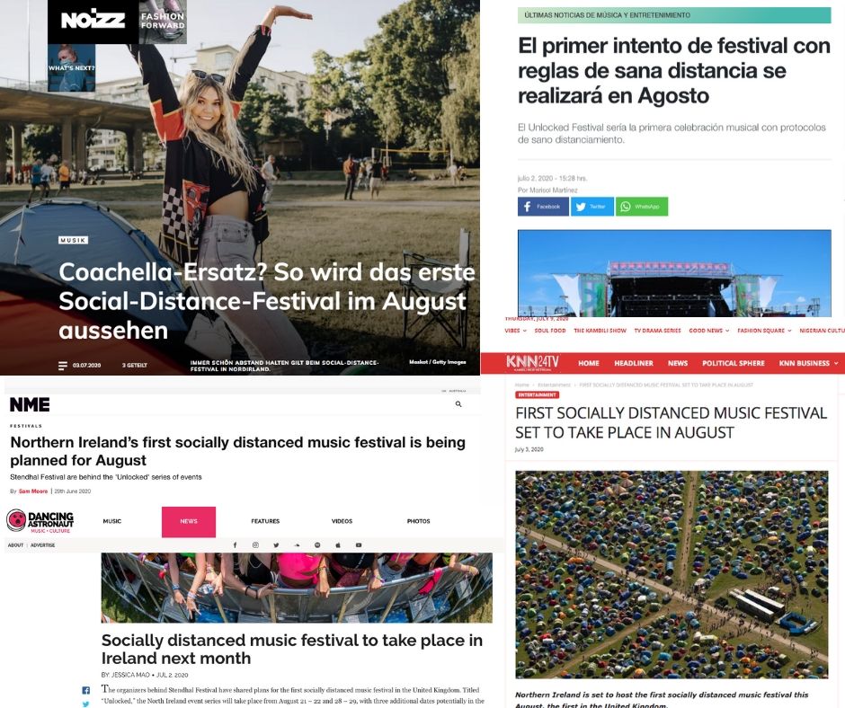 Safe to say that the idea of a socially distanced festival has captured the imagination of people all over the world. Our plans for unlocked have been reported World wide. Literally World wide. Here are some images from outlets as far away was The USA, Hong Kong, and Nigeria.