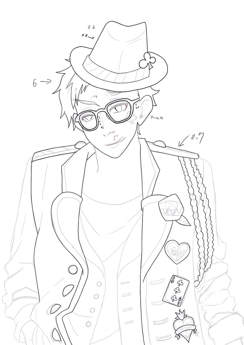 ゆめみ花 前回のツイステケイト 第1弾のペン入れをしているw これを全部描いたらディティールを入れて第2弾のペン入れへいくw ちなみに この0 4とか0 8とかはその部分で使ったペンの大きさをメモってる イラスト デジタルイラスト ツイステ トレイ