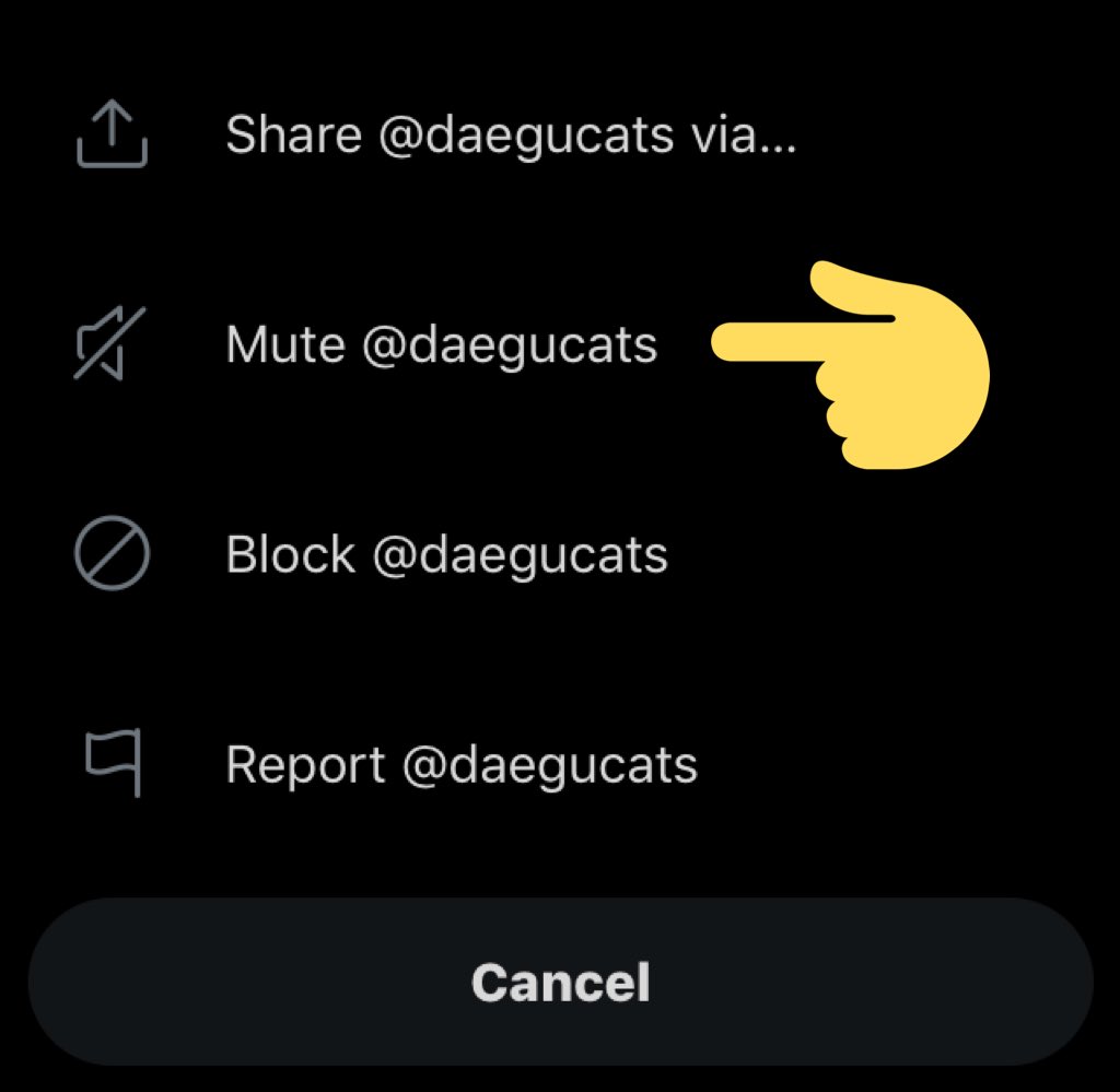 if you want to ‘hide’ someone’s tweet from your timeline for some time1. go to their acc (i use my fanart acc for example)2. click the 3 dots button on the right side3. choose mute (username)4. done. the acc muted