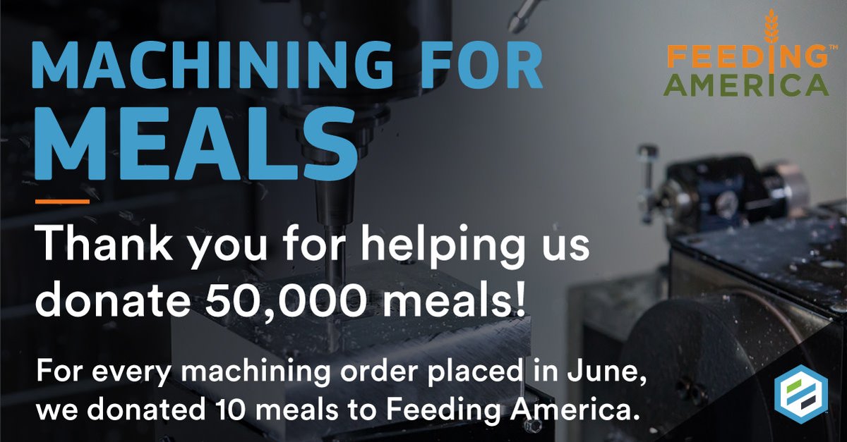 Protolabs's tweet photo. Thanks helping feed the hungry! Your machining orders in June resulted in 50,000 donated meals to @FeedingAmerica. #protolabsproud https://t.co/H6mwdZrMAr