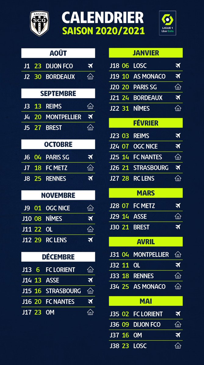 AngersSCO's tweet photo. 📅 Le calendrier de @Ligue1UberEats d'Angers SCO est disponible ! 😍 https://t.co/JhDwWOgnvC