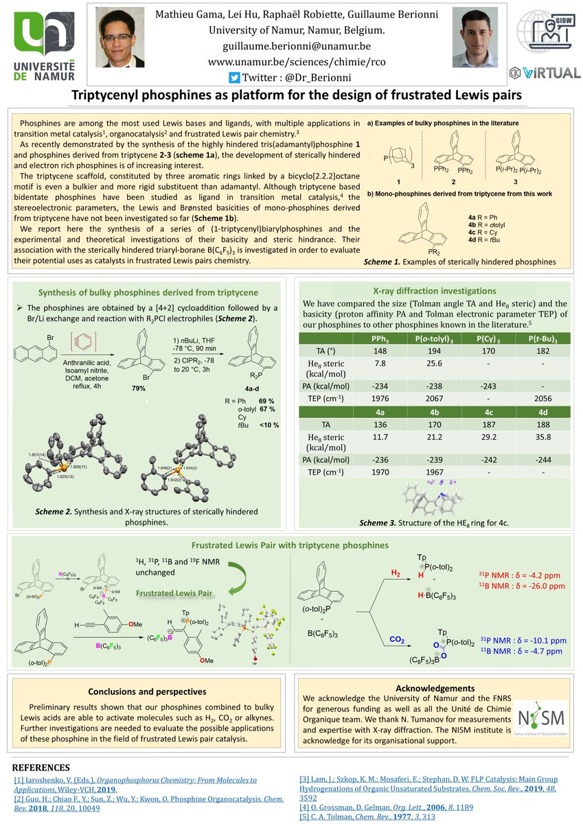 GamaMathieu's tweet photo. Hi ! Check out my #GIDW2020 poster !

P47 : Triptycenyl phosphines as platform for the design of frustrated Lewis pairs

Looking forward to your questions !

Thanks to @CIC_ChemInst, @DaltonTrans, @cscinorgdiv and @degruyter_phys for supporting the event ! https://t.co/cLPtYyT1RV