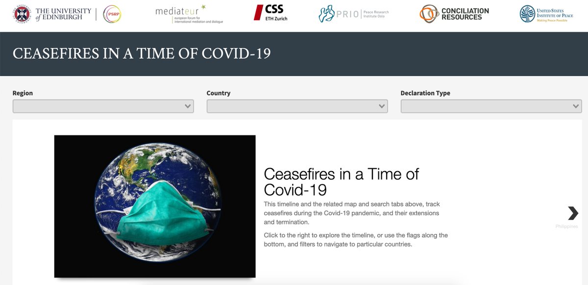 CSS_ETHZurich's tweet image. Out now! This #COVIDー19 ceasefire tracker, tracks ceasefires during the pandemic. Jointly developed w/ @themediatEUr @CRbuildpeace @PRIOUpdates @PolSettlements &amp;amp; @USIP, it provides a timeline, map &amp;amp; data browser to explore #ceasefire information pax.peaceagreements.org/static/covid19…