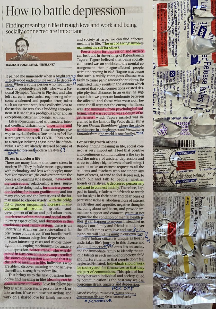 A thread: Few days back, HRD Minister Ramesh Pokhriyal wrote about ‘How to battle depression’. Piggy backing on SSR’s death, he spoke like a true boomer chacha who is detatched from reality.(In pic - his article, some of my meds which ACTUALLY help me battle depression) [1/16]