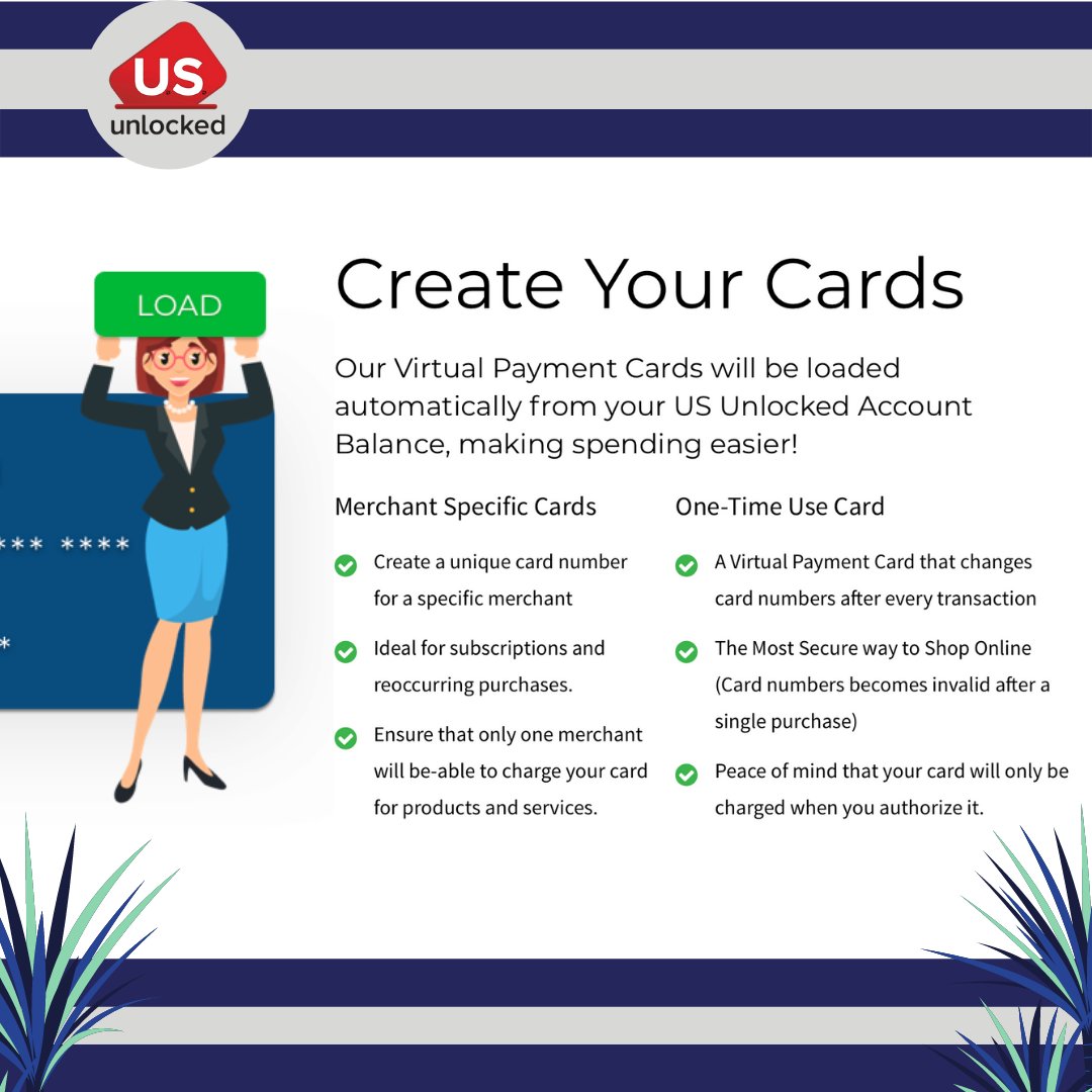 US_Unlocked's tweet image. All you need to know about our two virtual card options: 
One-Time Use and Merchant Specific! 

#USUnlocked #VirtualCardPayments #OneTimeUse #MerchantSpecific #CrossBorderShopping #Shopping #Business #Thursdays #Secure #OnlineShopping