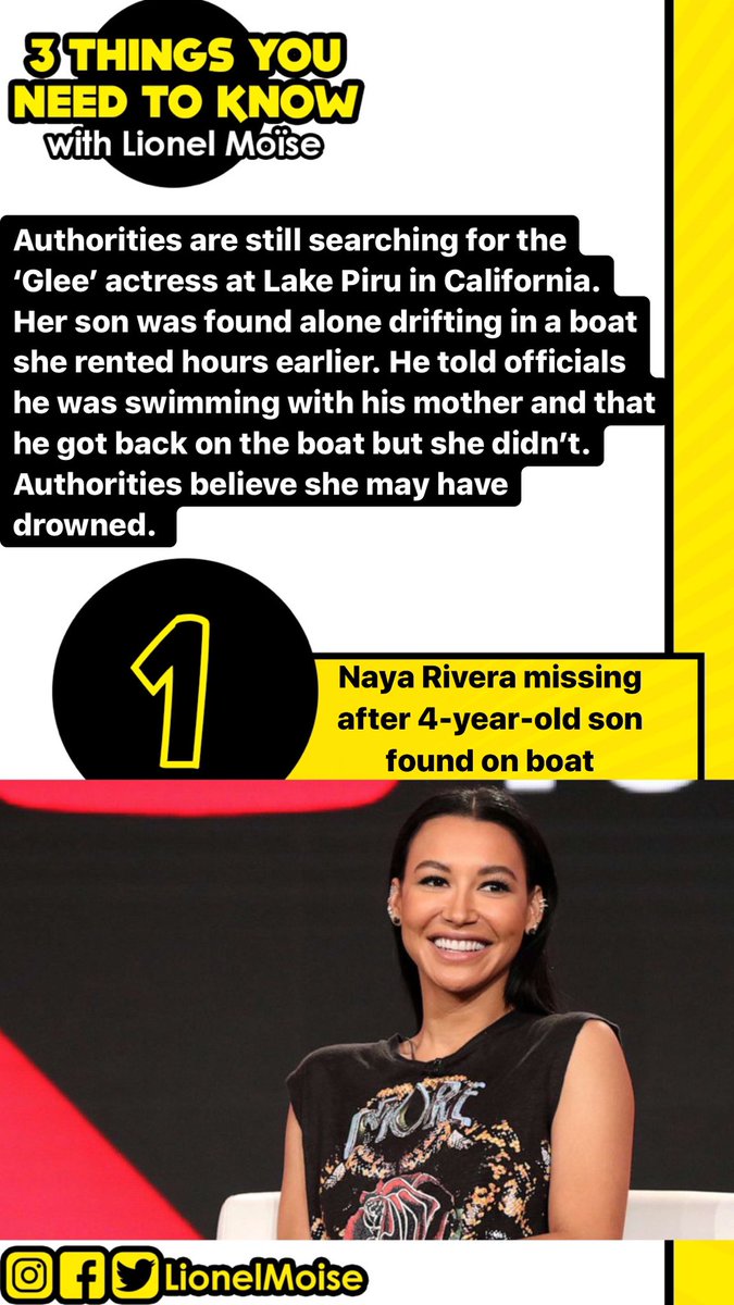 LionelMoise's tweet photo. Here’s #3ThingsYouNeedtoKnow today: #NayaRivera #Truvada #GlobalWarming https://t.co/ajs7neugva